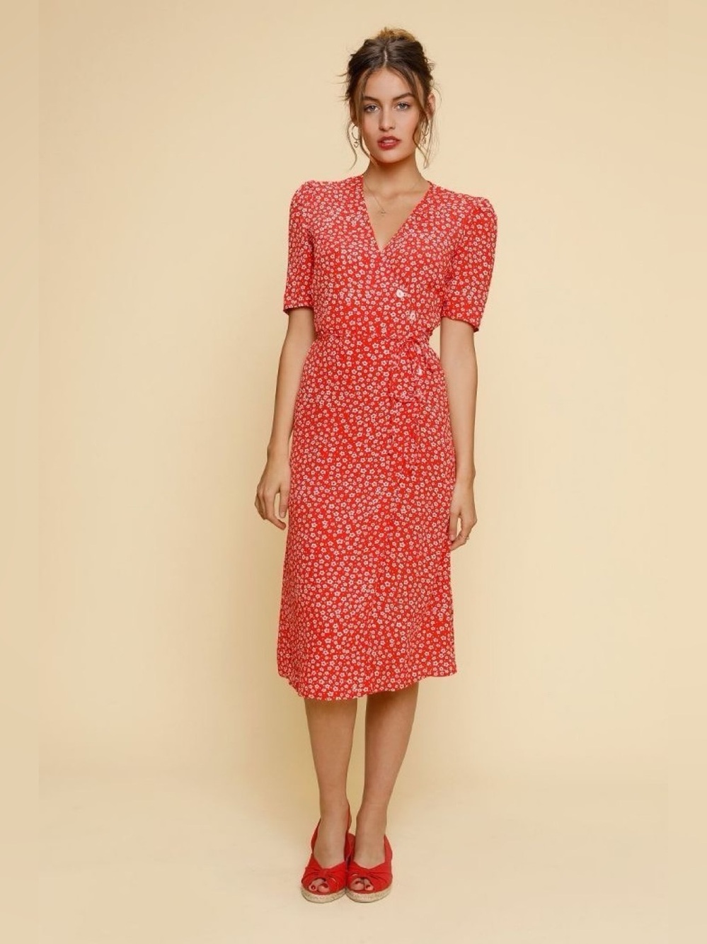 Rouje Gabin Red Floral Midi Dress with Button Front